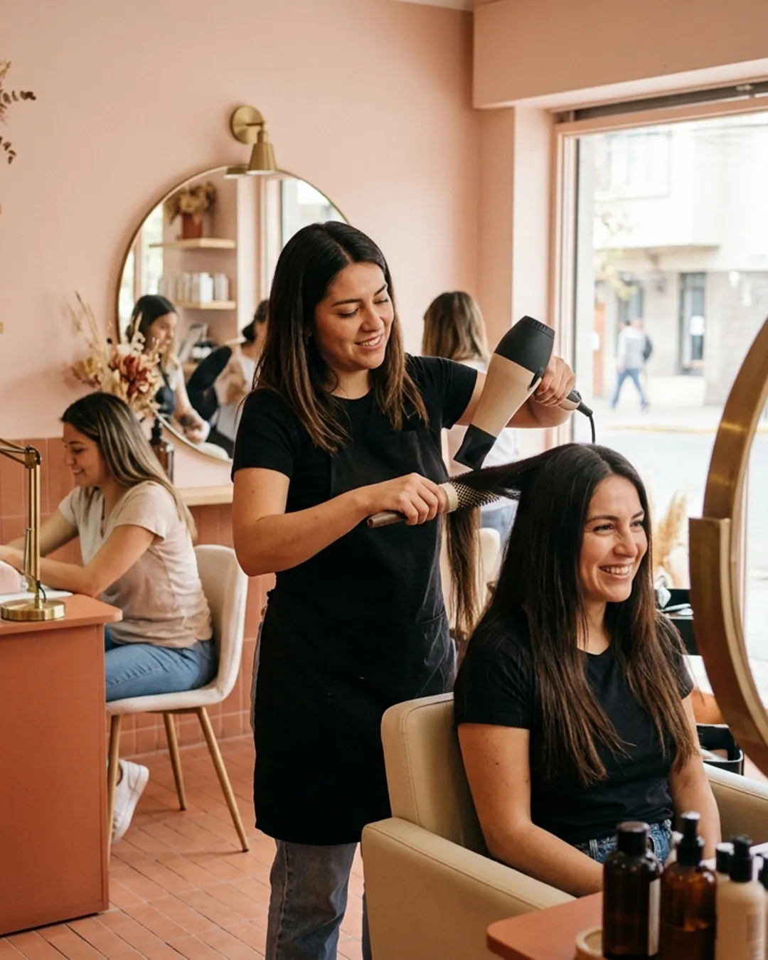 Estilista secando el pelo de una clienta en un salón de belleza