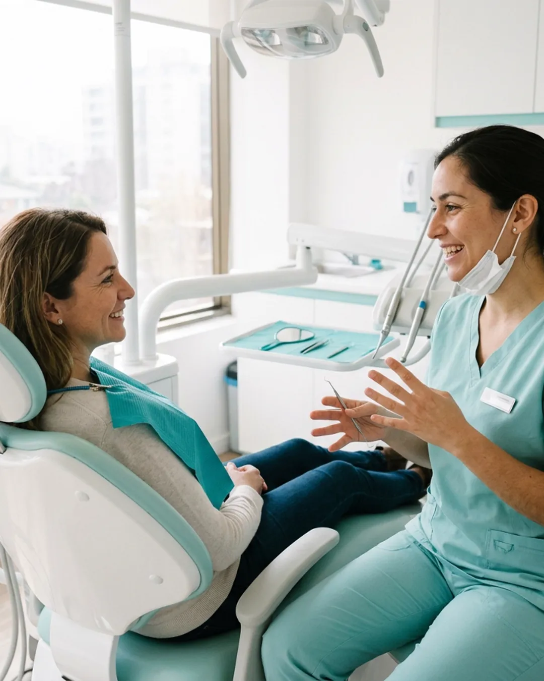 Dentista conversando con un paciente en una clínica dental luminosa