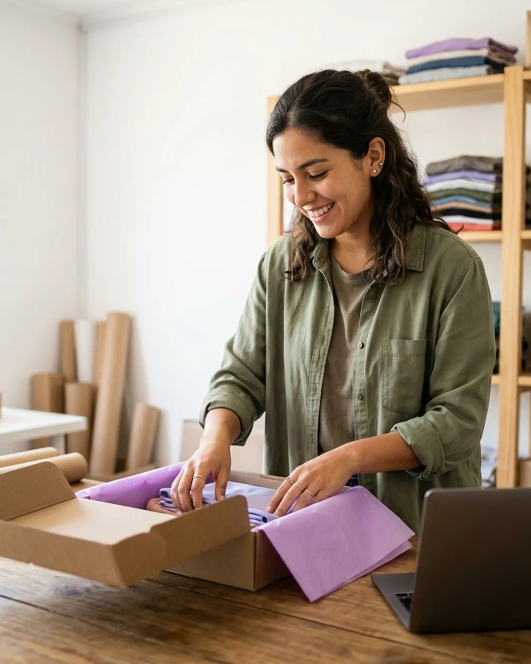 Emprendedora empacando un pedido en cajas de cartón en su taller