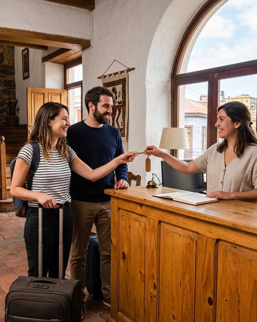 Recepcionista entregando la llave a una pareja en un hotel boutique