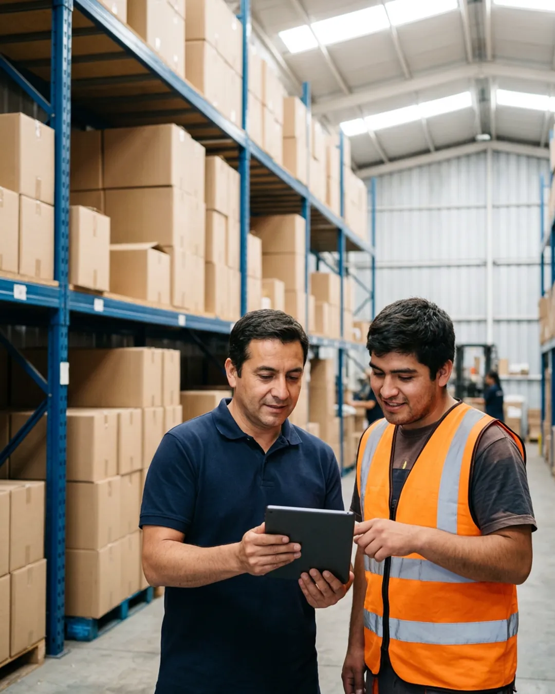 Jefe de ventas revisando una tablet en la bodega de una importadora